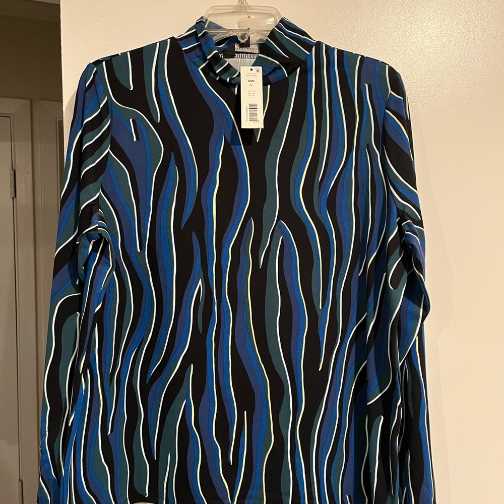 Investments Womens Long Sleeve Black Blue Striped Blouse